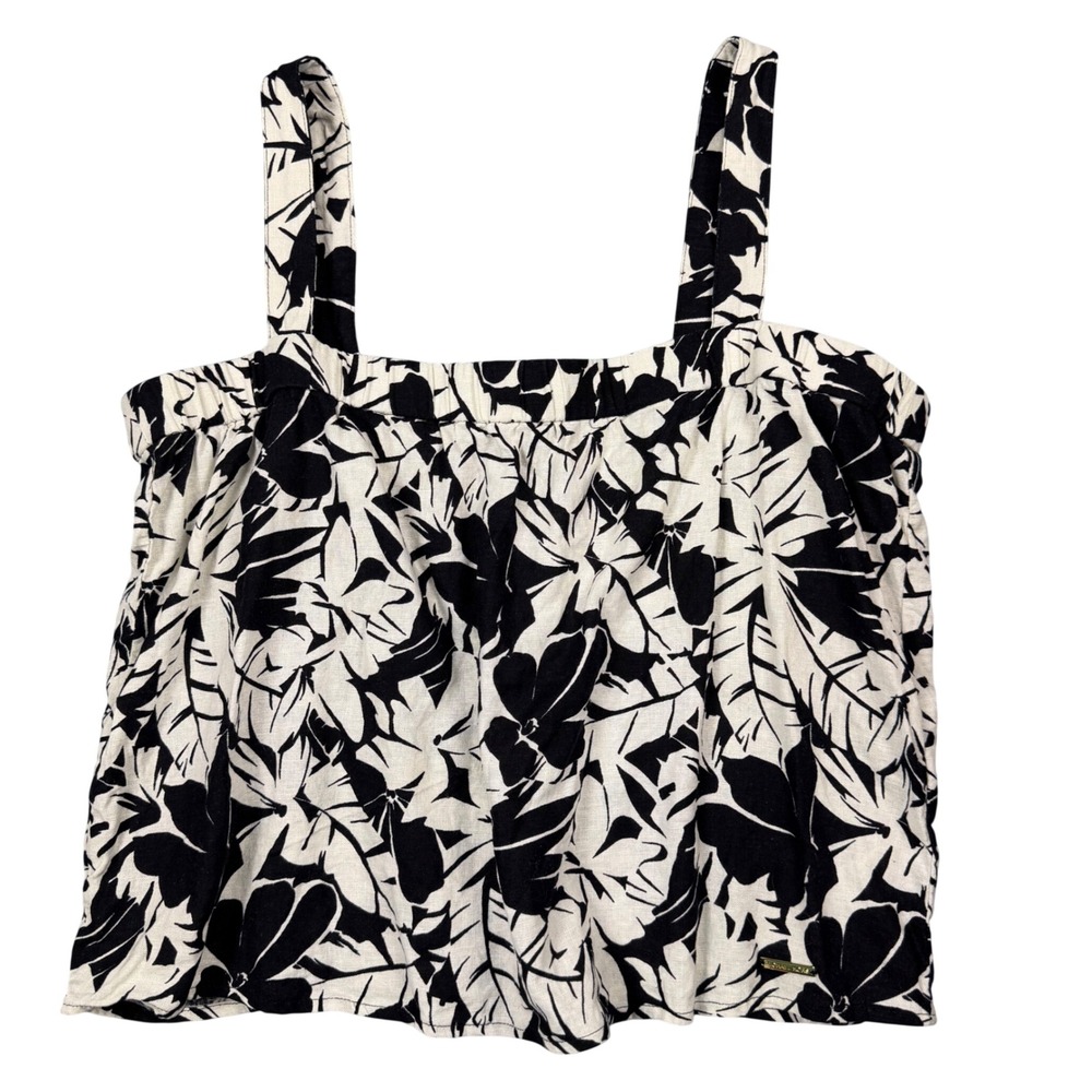Michael Kors Linen Blend Tank Top Black & White Tropical Palm Floral XL Women's
